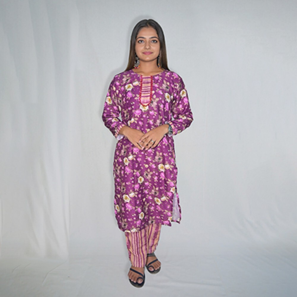 Ladies Muslin Kurta Pant Set With Flower Print - Color: Multicolor
