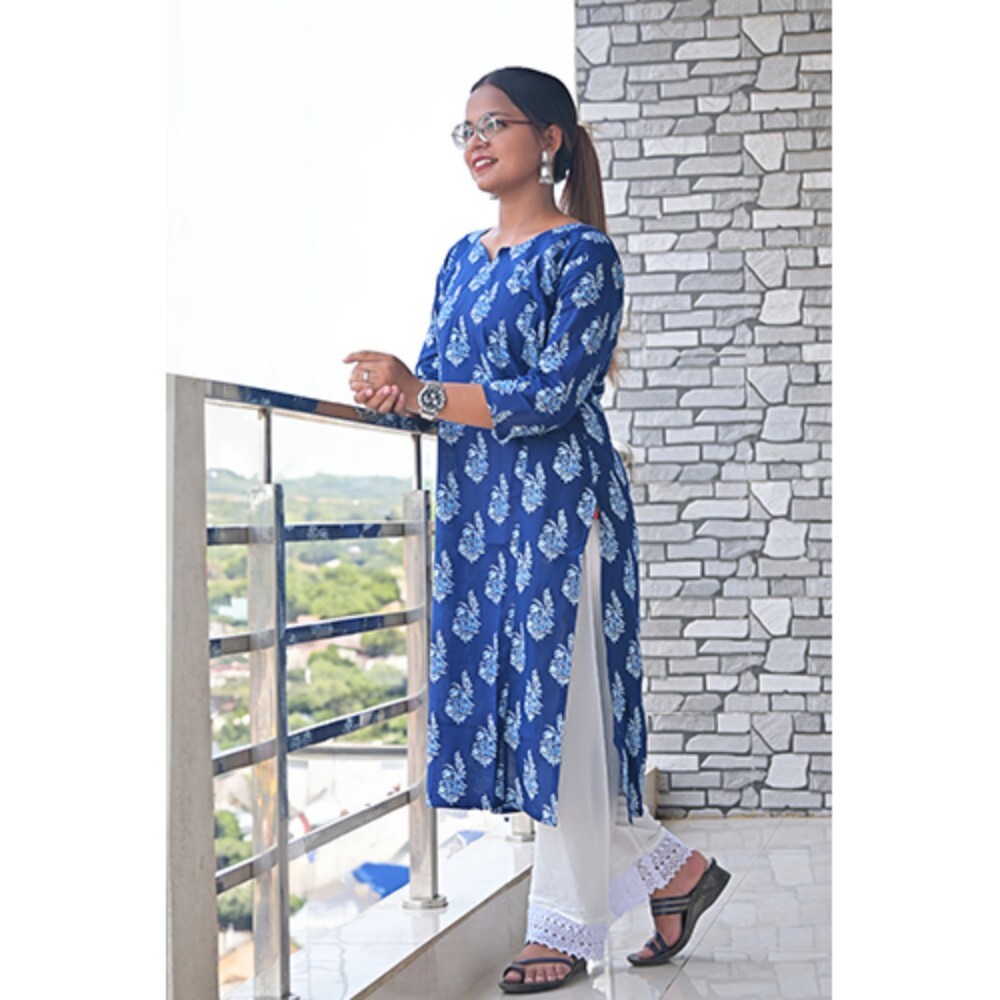 Ladies Printed Cotton Blend Kurta With Pant - Color: Multicolor