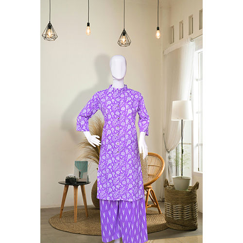 Ladies 100% Cotton Kurti Pant With Printed Design - Color: Purple