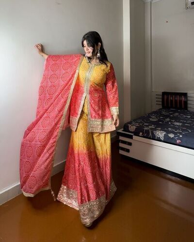 New Sharara Collection In Heavy Chinon Silk Top Bottom And Dupatta Set