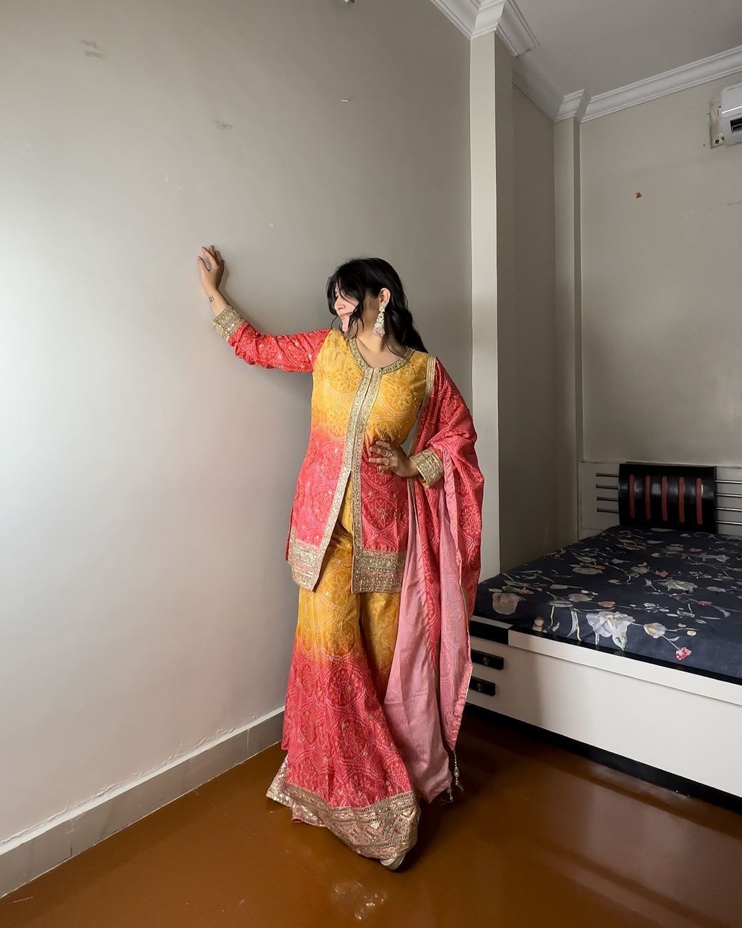 New sharara collection in heavy chinon silk top bottom and dupatta set