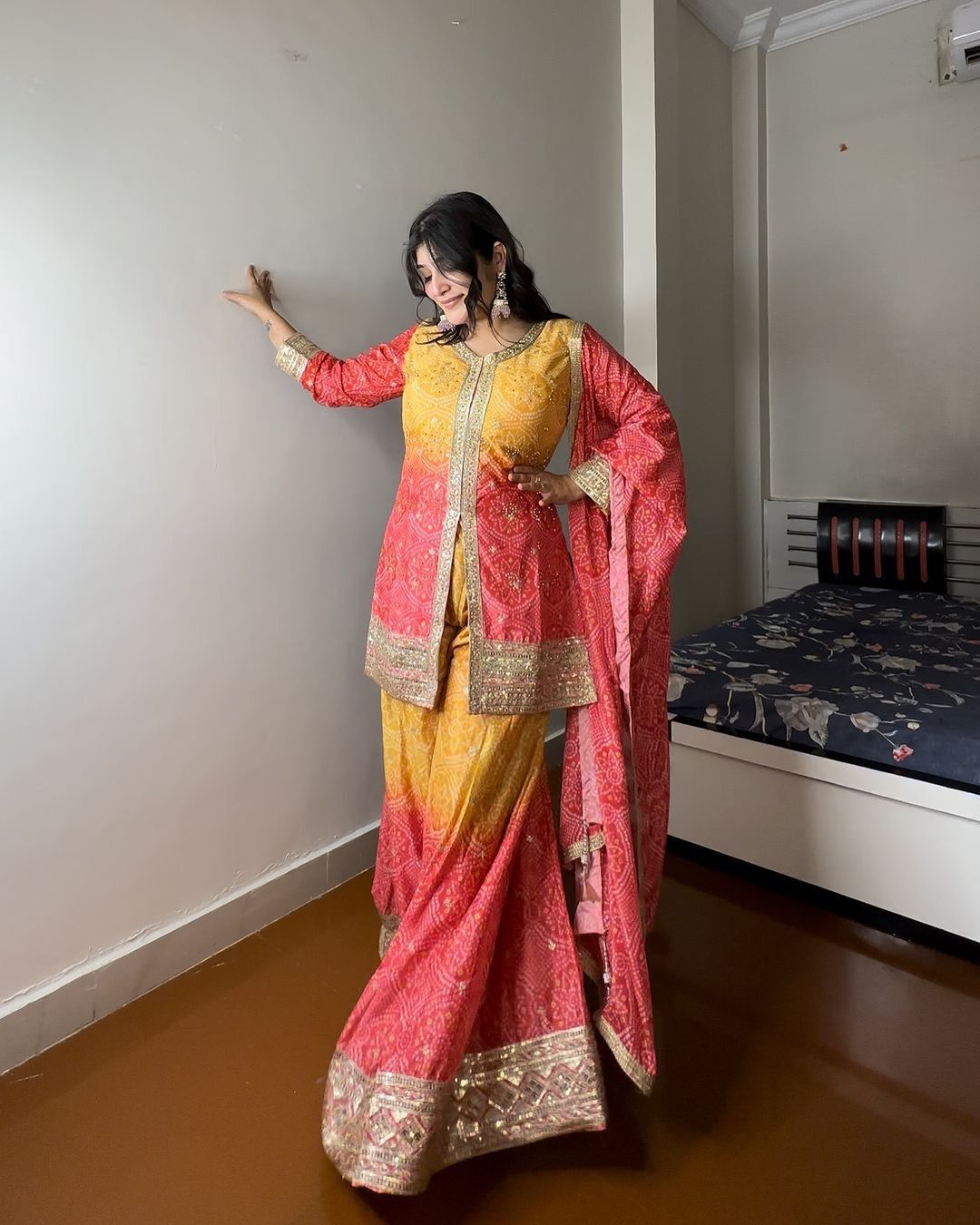 New sharara collection in heavy chinon silk top bottom and dupatta set