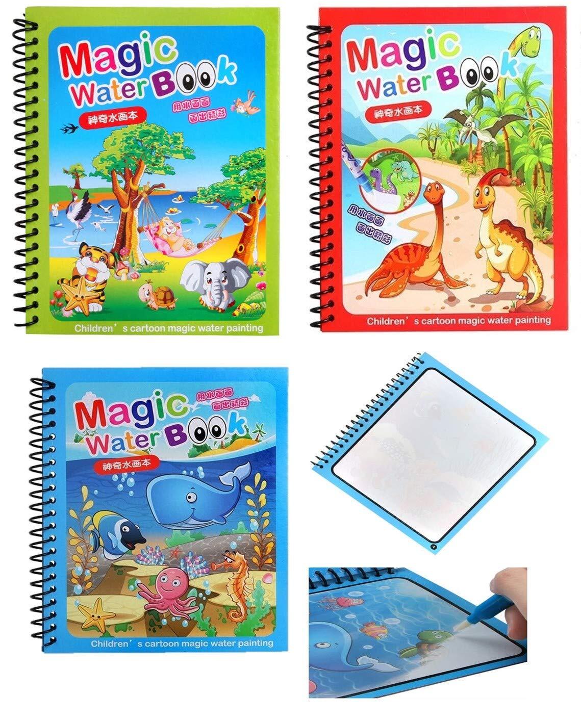 Magic Water Book - Paper Pages, Chunky-sized Water Pen, Reusable Water-reveal Activity Pad, 3 Animal-themed Books For Kids Ages 3 To 7