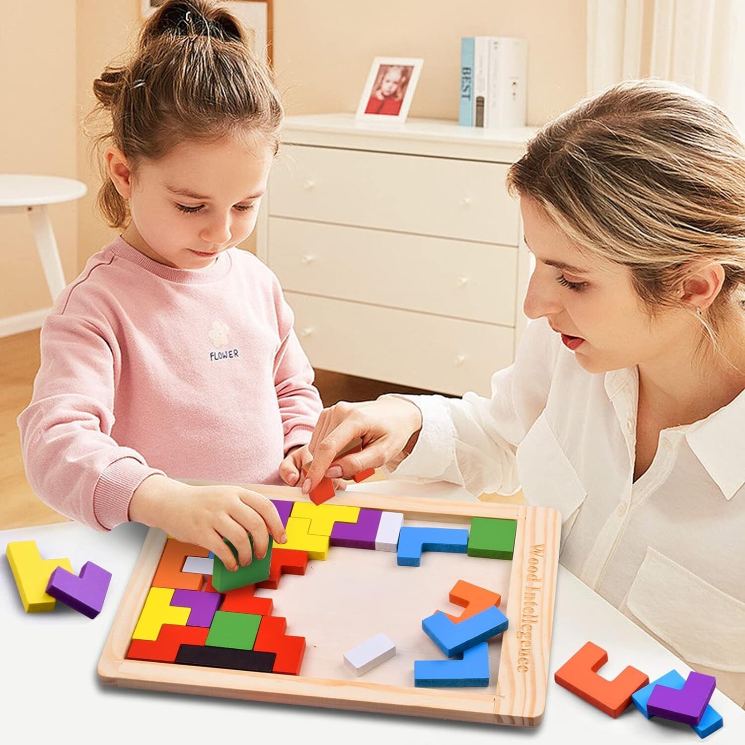 Wooden Intelligence Russian Blocks Puzzle - 27x18x0.1 Cm | High-quality Solid Wood, Smooth Surface, Colorful Design, 40 Pcs For Creative Play