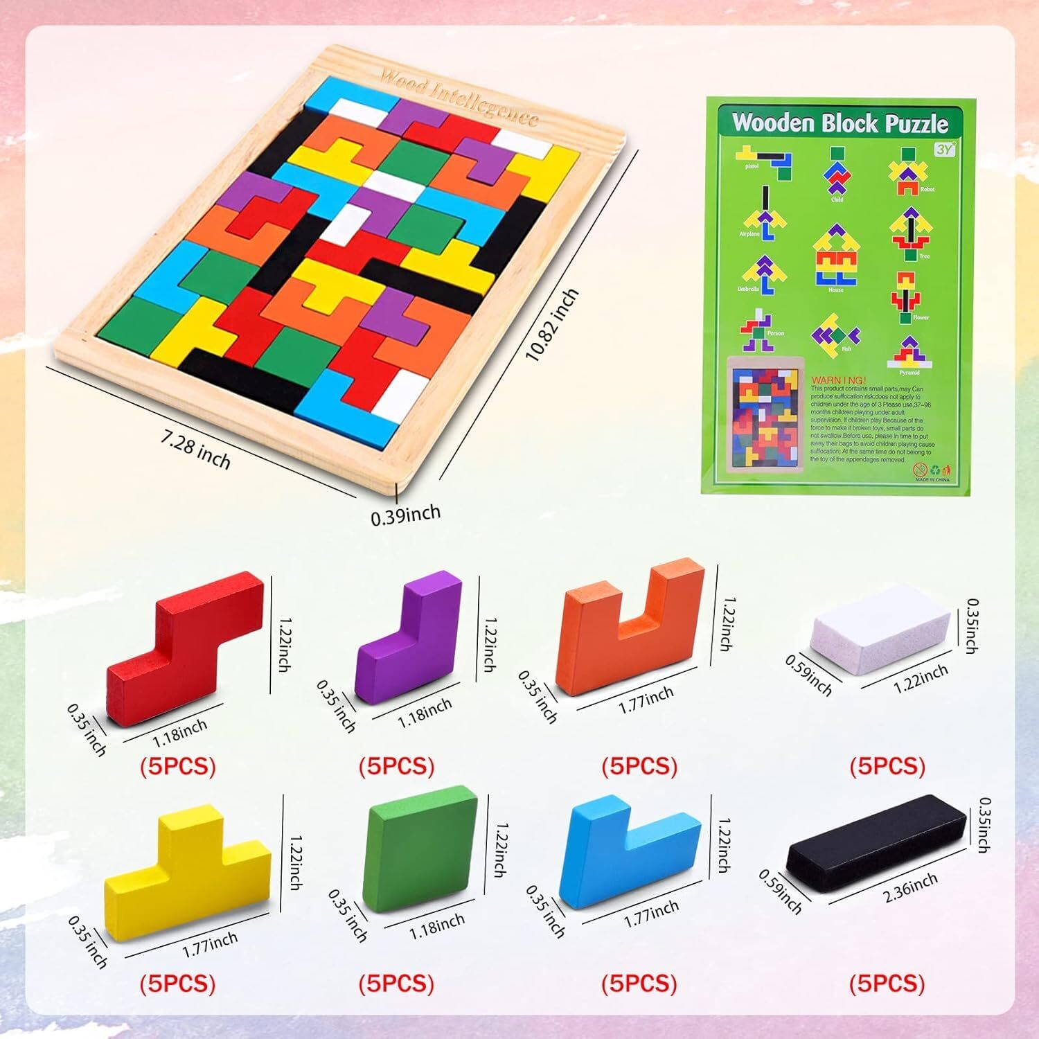 Wooden Intelligence Russian Blocks Puzzle - 27x18x0.1 Cm | High-quality Solid Wood, Smooth Surface, Colorful Design, 40 Pcs For Creative Play