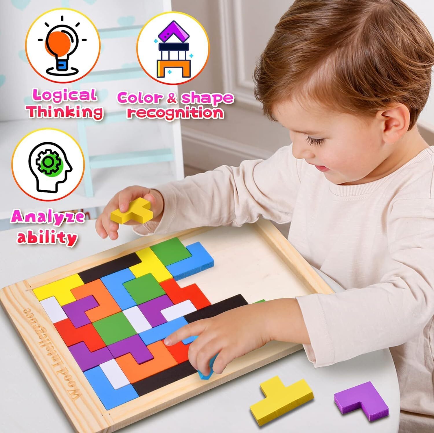 Wooden Intelligence Russian Blocks Puzzle - 27x18x0.1 Cm | High-quality Solid Wood, Smooth Surface, Colorful Design, 40 Pcs For Creative Play