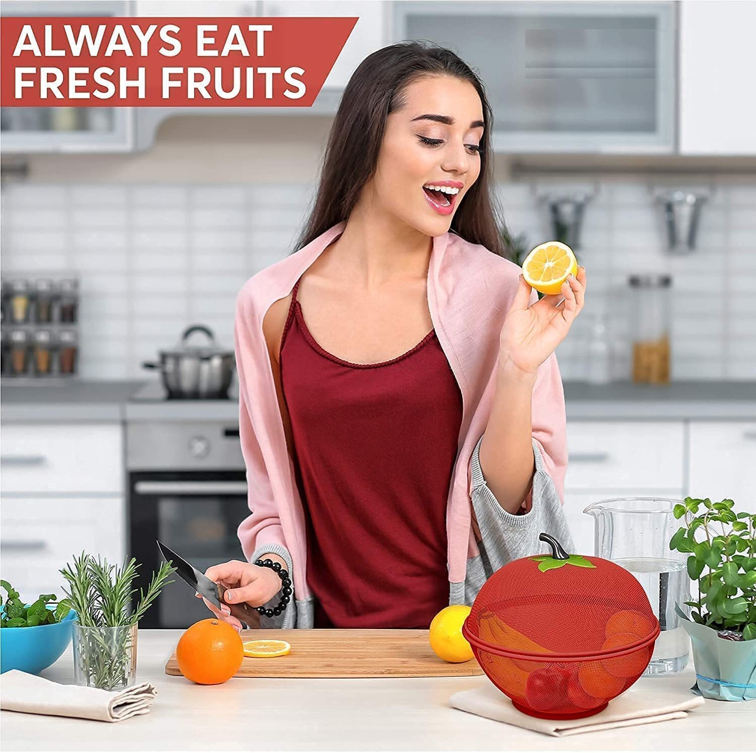 Apple Shape Fruit Basket - Stainless Steel, 10.5x10.5x8 Inches, Red | Large Mesh Design For Easy Washing, Indoor & Outdoor Use, Cute Kitchen Centerpiece