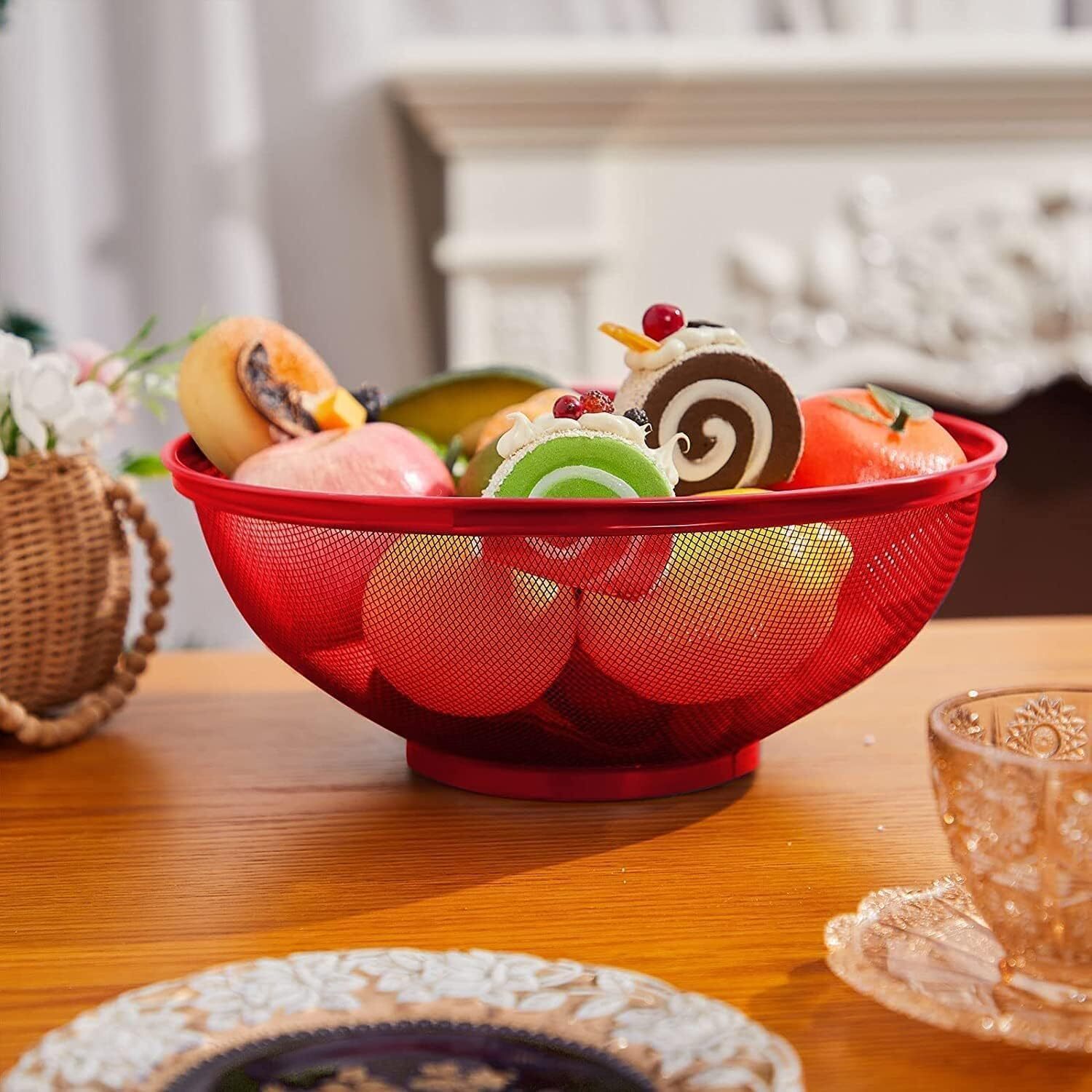 Apple Shape Fruit Basket - Stainless Steel, 10.5x10.5x8 Inches, Red | Large Mesh Design For Easy Washing, Indoor & Outdoor Use, Cute Kitchen Centerpiece