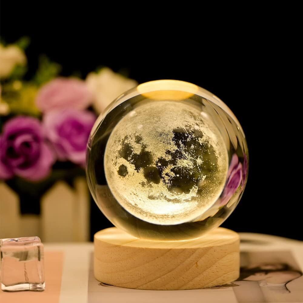 Crystal Ball Night Light - 15x10x5 Cm, Clear Crystal With Wooden Base - 3d Laser Engraved Milky Way Galaxy Design, Touch Switch Led Lamp For Home Decor & Creative Gifts