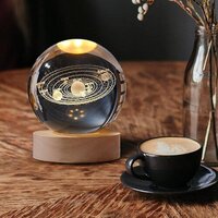 Solar System Crystal Lamp - Glass & Wood, 6x6x8 Cm | 3d Galaxy Etched Design, Usb Powered Led, Sturdy Wooden Base For Timeless Display