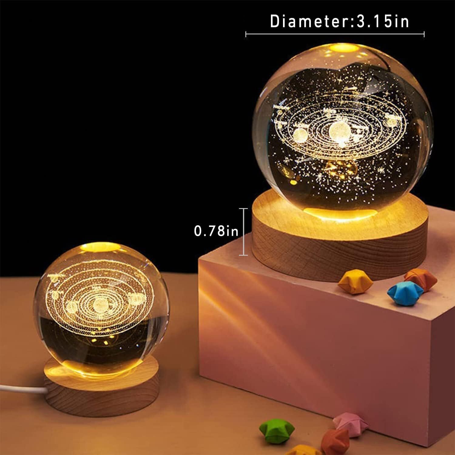 Solar System Crystal Lamp - Glass & Wood 6x6x8 Cm | 3d Galaxy Etched Design Usb Powered Led Sturdy Wooden Base For Timeless Display