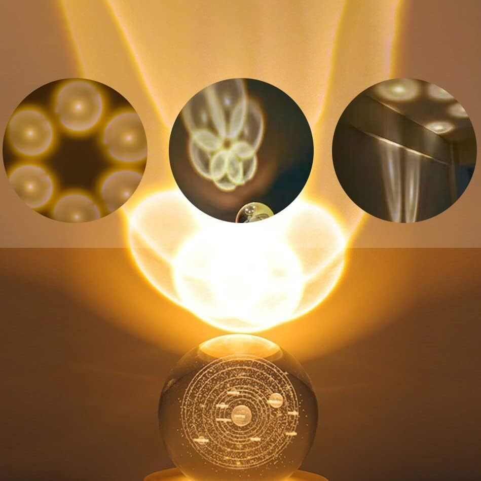Solar System Crystal Lamp - Glass & Wood 6x6x8 Cm | 3d Galaxy Etched Design Usb Powered Led Sturdy Wooden Base For Timeless Display