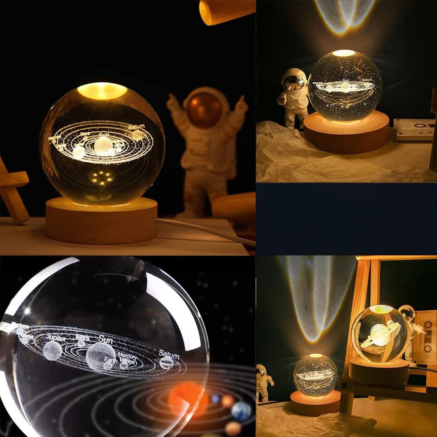 Solar System Crystal Lamp - Glass & Wood 6x6x8 Cm | 3d Galaxy Etched Design Usb Powered Led Sturdy Wooden Base For Timeless Display