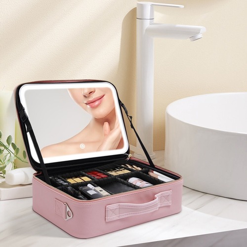 Mitsico Travel Makeup Bag with LED Lighted Mirror 3 Color Setting Cosmetic Makeup Box Organizer Vanity Case for Women Beauty Tools Accessories Case, Travel Makeup Bag with Led Lighted