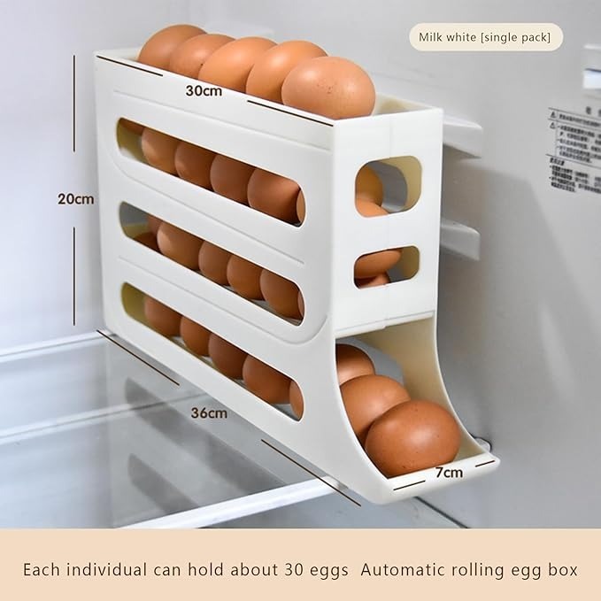 Mitsico 4 Tiers Egg Holder For Fridge - Abs Plastic, Compact Size | Auto Rolling Design, Space-saving, Railing Protection, Holds 30 Eggs