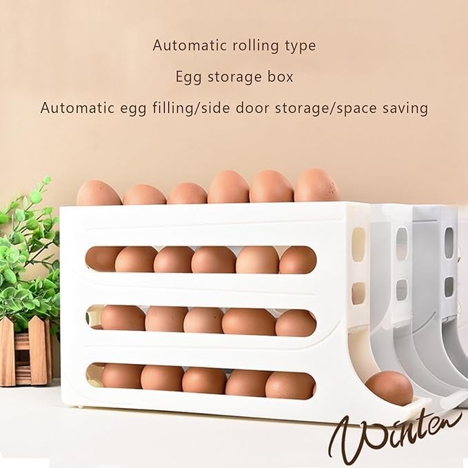 Mitsico 4 Tiers Egg Holder For Fridge - Abs Plastic, Compact Size | Auto Rolling Design, Space-saving, Railing Protection, Holds 30 Eggs