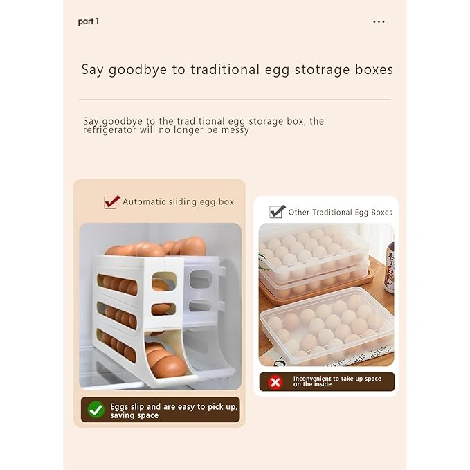 Mitsico 4 Tiers Egg Holder For Fridge - Abs Plastic, Compact Size | Auto Rolling Design, Space-saving, Railing Protection, Holds 30 Eggs
