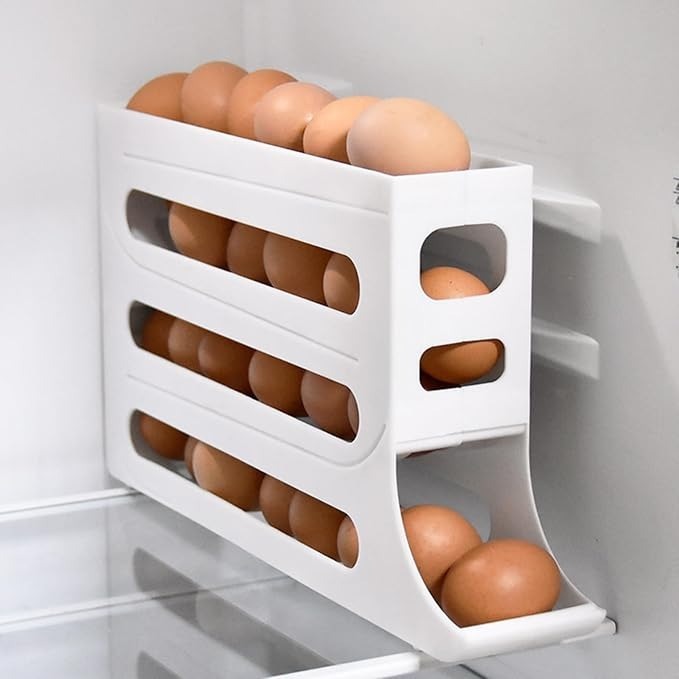 Mitsico 4 Tiers Egg Holder For Fridge - Abs Plastic, Compact Size | Auto Rolling Design, Space-saving, Railing Protection, Holds 30 Eggs