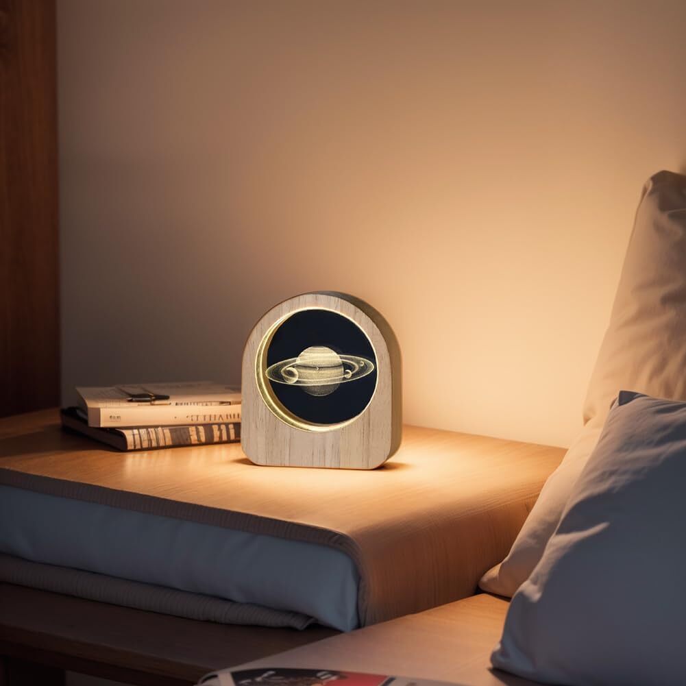 Crystal Ball Night Lamp With Wooden Frame - 7x7x8 Inches | 3d Solar System Model Led Night Light Educational And Decorative Art Piece