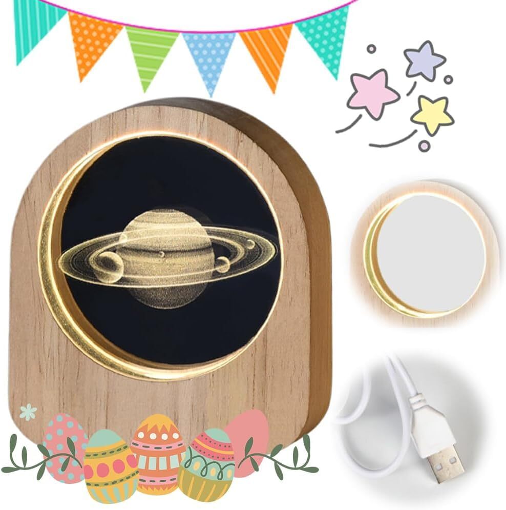 Crystal Ball Night Lamp With Wooden Frame - 7x7x8 Inches | 3d Solar System Model Led Night Light Educational And Decorative Art Piece