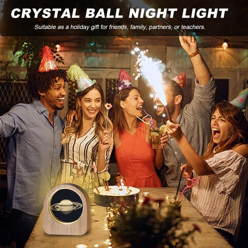 Crystal Ball Night Lamp With Wooden Frame - 7x7x8 Inches | 3d Solar System Model Led Night Light Educational And Decorative Art Piece