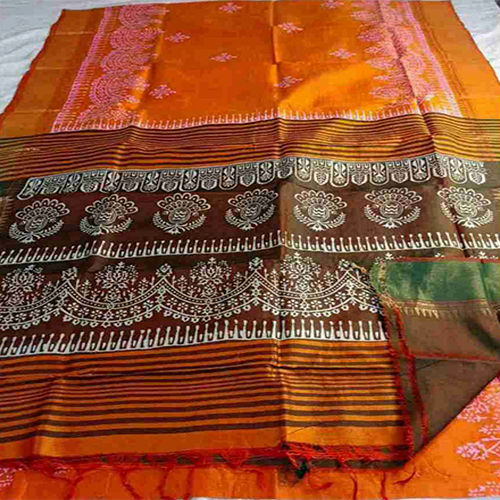 Jari Border Block Print Saree - Fabric Type: Cotton Silk