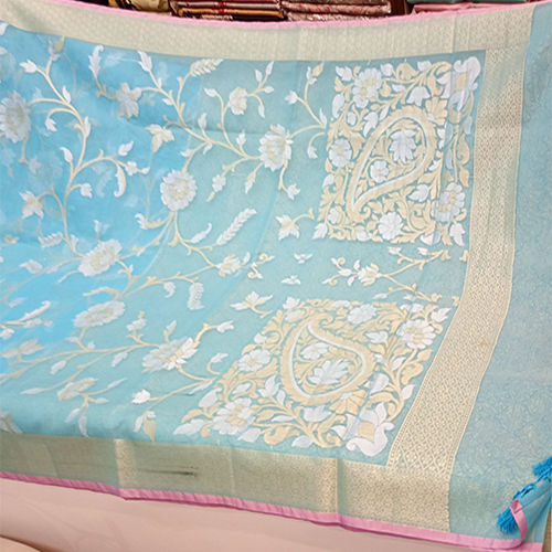 Sky Blue Steel White Designer Organza Stone Saree - Material: Cotton