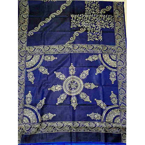 Dark Blue Block Print Silk Saree - Occasion: Festive