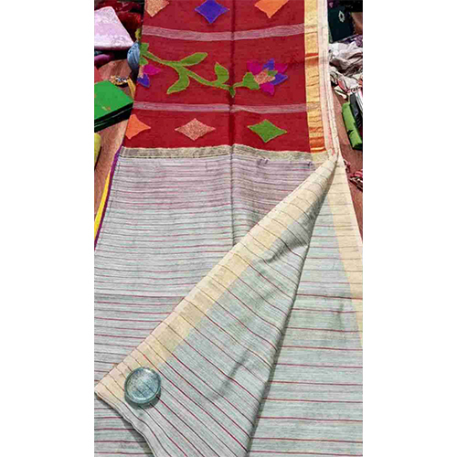 Grey And Red Color Silk Saree