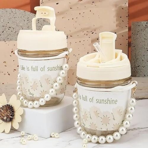 Mitsico Glass Coffee Mugs With Pearl Chain Belt & Sleeve,reusable Travel Sipper With Double Drink Straw And Lids,kids Girls Tumbler For Juice Smoothies Milk Cups - 350 Ml