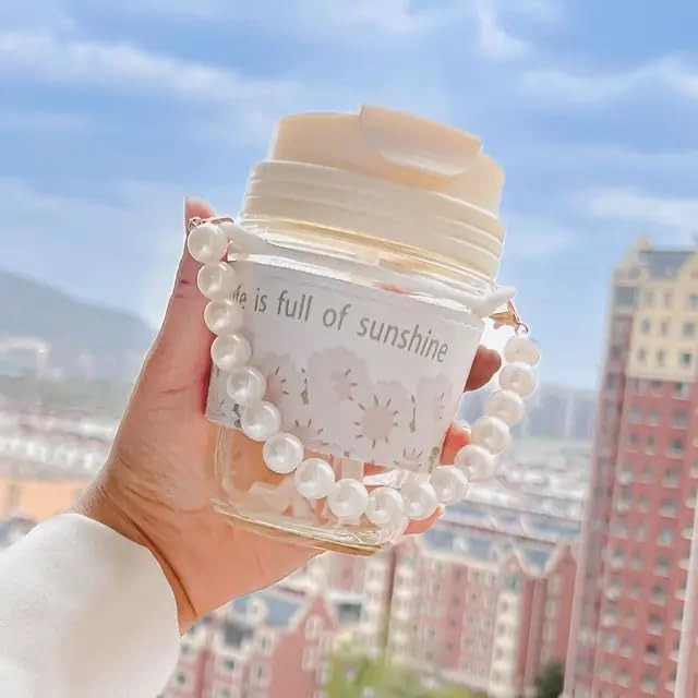 Mitsico Glass Coffee Mugs With Pearl Chain Belt & Sleeve - Glass, 350 Ml, Transparent | Double Drink Straws, Lids, Reusable Travel Sipper For Juice, Smoothies, Milk