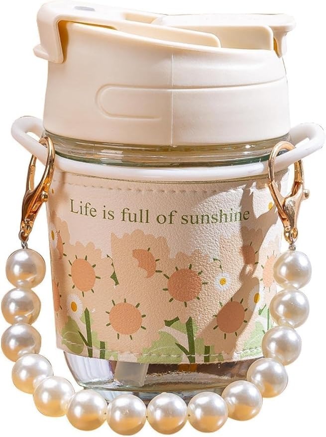 Mitsico Glass Coffee Mugs With Pearl Chain Belt & Sleeve - Glass, 350 Ml, Transparent | Double Drink Straws, Lids, Reusable Travel Sipper For Juice, Smoothies, Milk