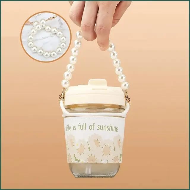 Mitsico Glass Coffee Mugs with Pearl Chain Belt & Sleeve,Reusable Travel Sipper with Double Drink Straw and Lids,Kids Girls Tumbler for Juice Smoothies Milk Cups - 350 Ml