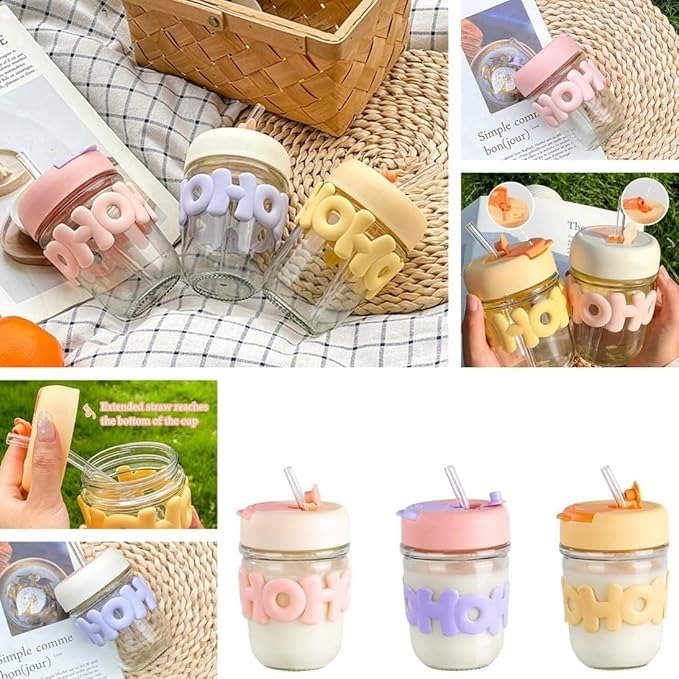 Mitsico Hoho Printed Glass Coffee Juice Mug Shaker With Lid