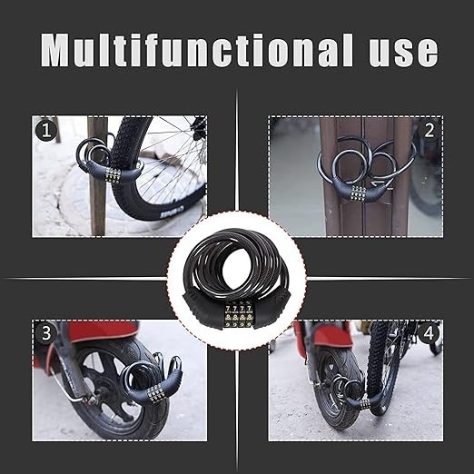Mitsico 4-digit Locking Cable - High-strength Steel Free Size Black | Self-coiling Anti-theft Protection For Motorcycles Bicycles Helmets And Luggage