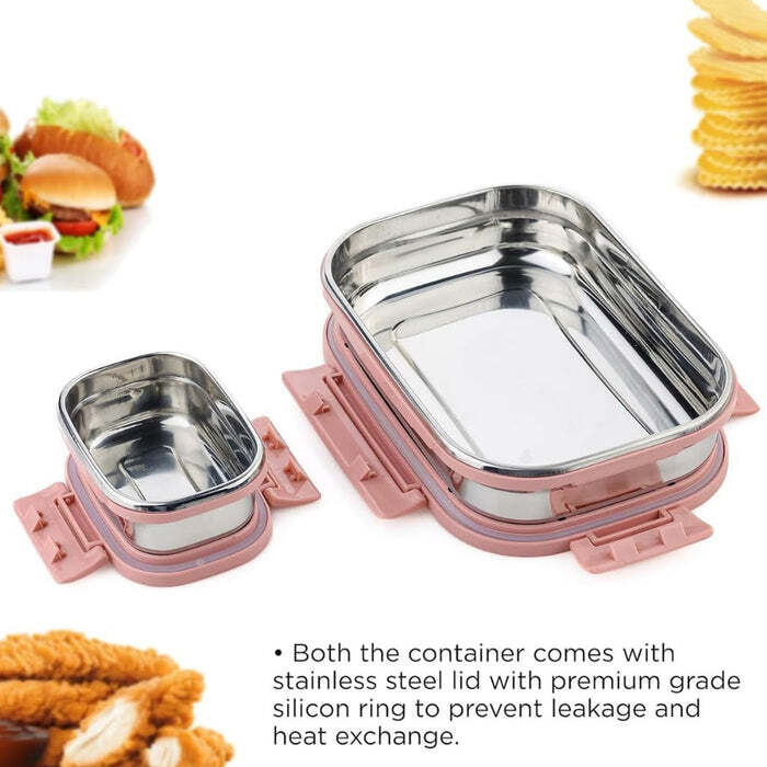 Stainless Steel Leak Proof Air Tight Lunch Boxes (900ML+200ML Approx / 2 Pc Set)
