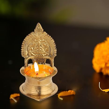 Kamakshi Devi Brass Oil Deepam Diya - 11cm Gold Finish | Easy To Clean Fireproof Rust Proof