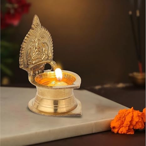 Kamakshi Devi Brass Oil Deepam Diya - 11cm Gold Finish | Easy To Clean Fireproof Rust Proof
