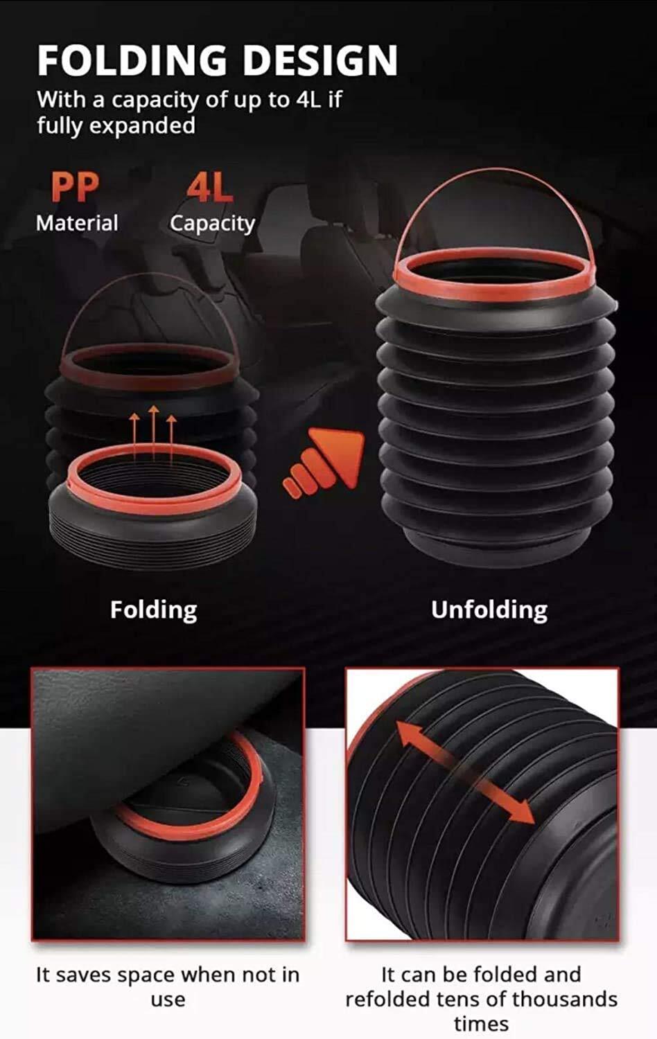 Folding Magic Trash Bin Container - Plastic, 18x18x6.5 Cm (Folded) | Black With Red Handle, 4 Kg Capacity, Leak-proof, Collapsible Design