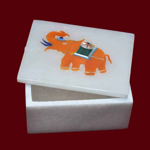 Marble Box With Elephant Print Design - Color: White