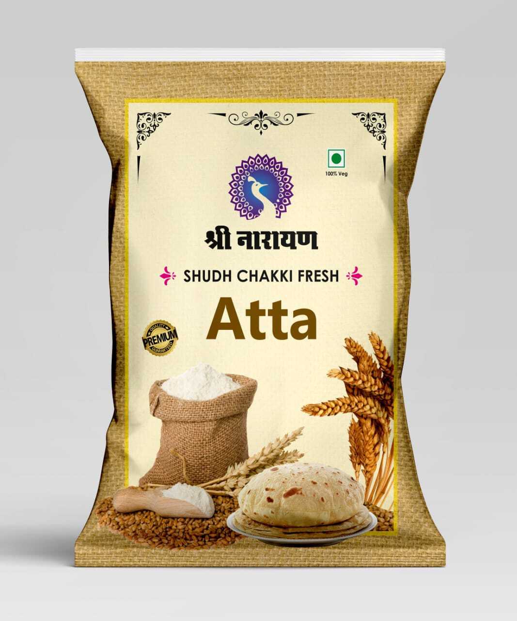 Atta Pouch - Plastic, 5 Kg , Red And Cream Flat Bottom Pouch | Multicolor Printed, Heat Sealed, Glossy Finished Surface For Food Packaging