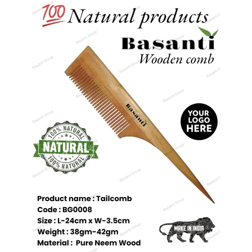 BG0008 Organic Neem Wood-tail Comb - Solid Design, Light Brown Color | Professional Quality and Eco-Friendly Material
