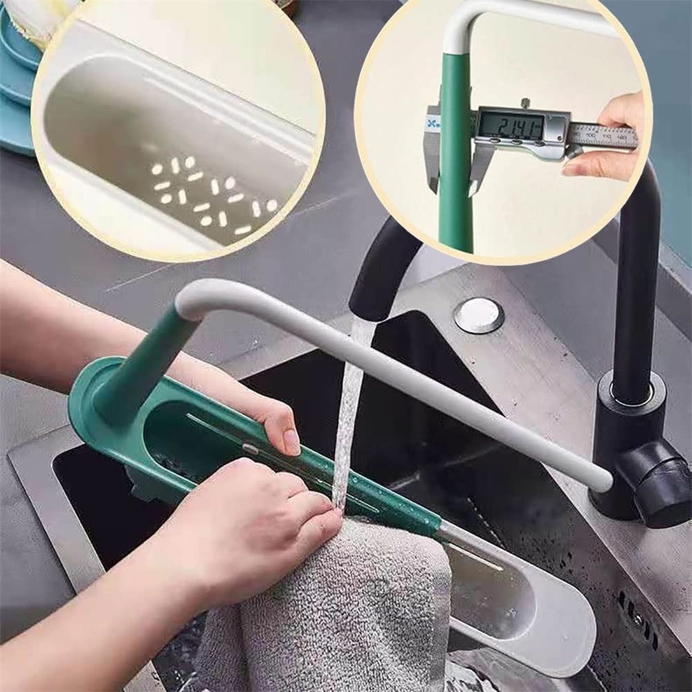Mitsico Telescopic Sink Holder Adjustable Drain Sink Tray Sponge Soap Holder Dishcloth Clothes Rack - Abs Plastic Material, Free Size, Multicolor | Telescopic Design, Easy Installation, 2 Hanging Towel Racks, Hollow Drainage Tray