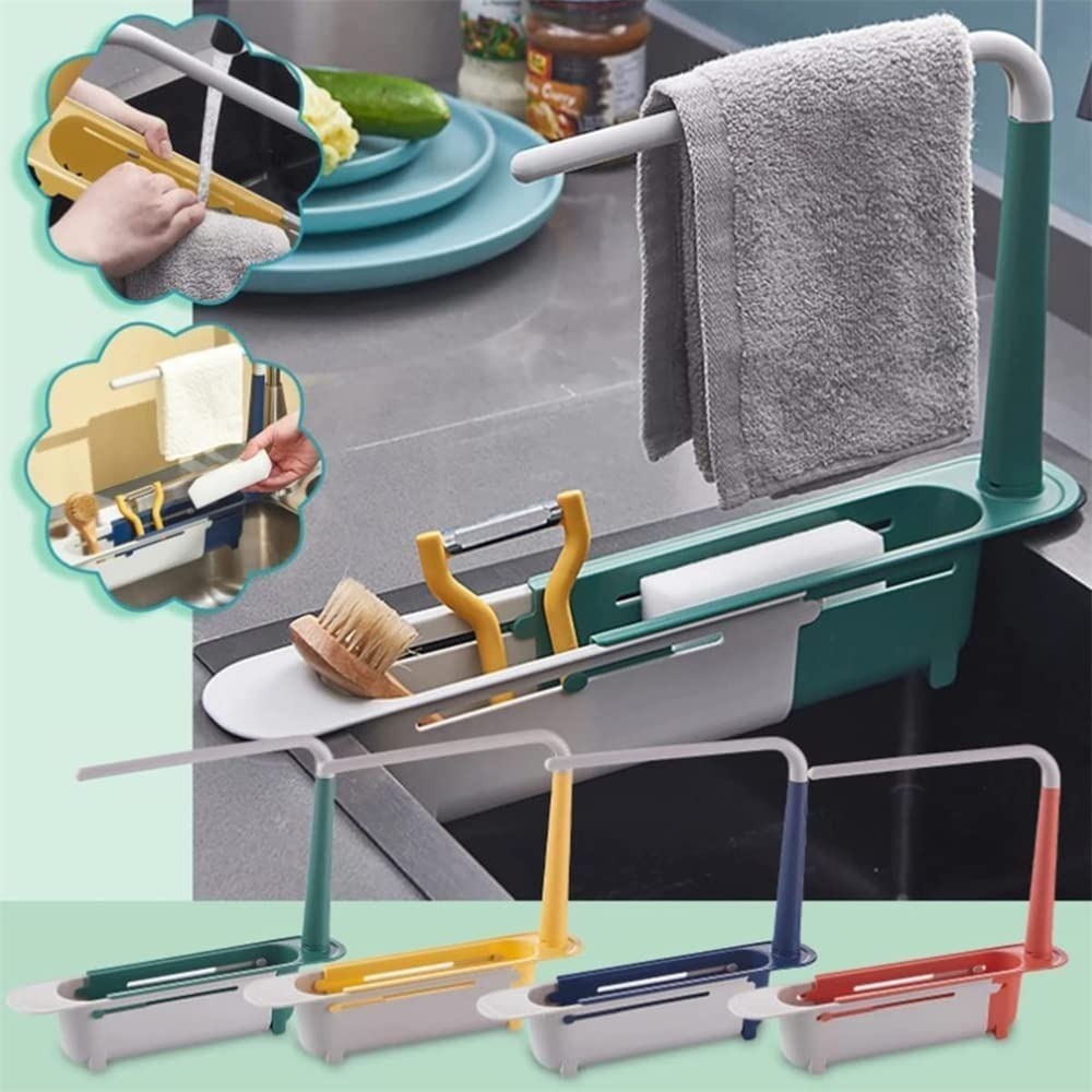 Mitsico Telescopic Sink Holder Adjustable Drain Sink Tray Sponge Soap Holder Dishcloth Clothes Rack - Abs Plastic Material, Free Size, Multicolor | Telescopic Design, Easy Installation, 2 Hanging Towel Racks, Hollow Drainage Tray