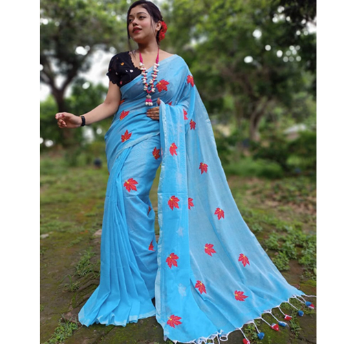 Ladies Khadi Hand Printed Saree - Color: Red