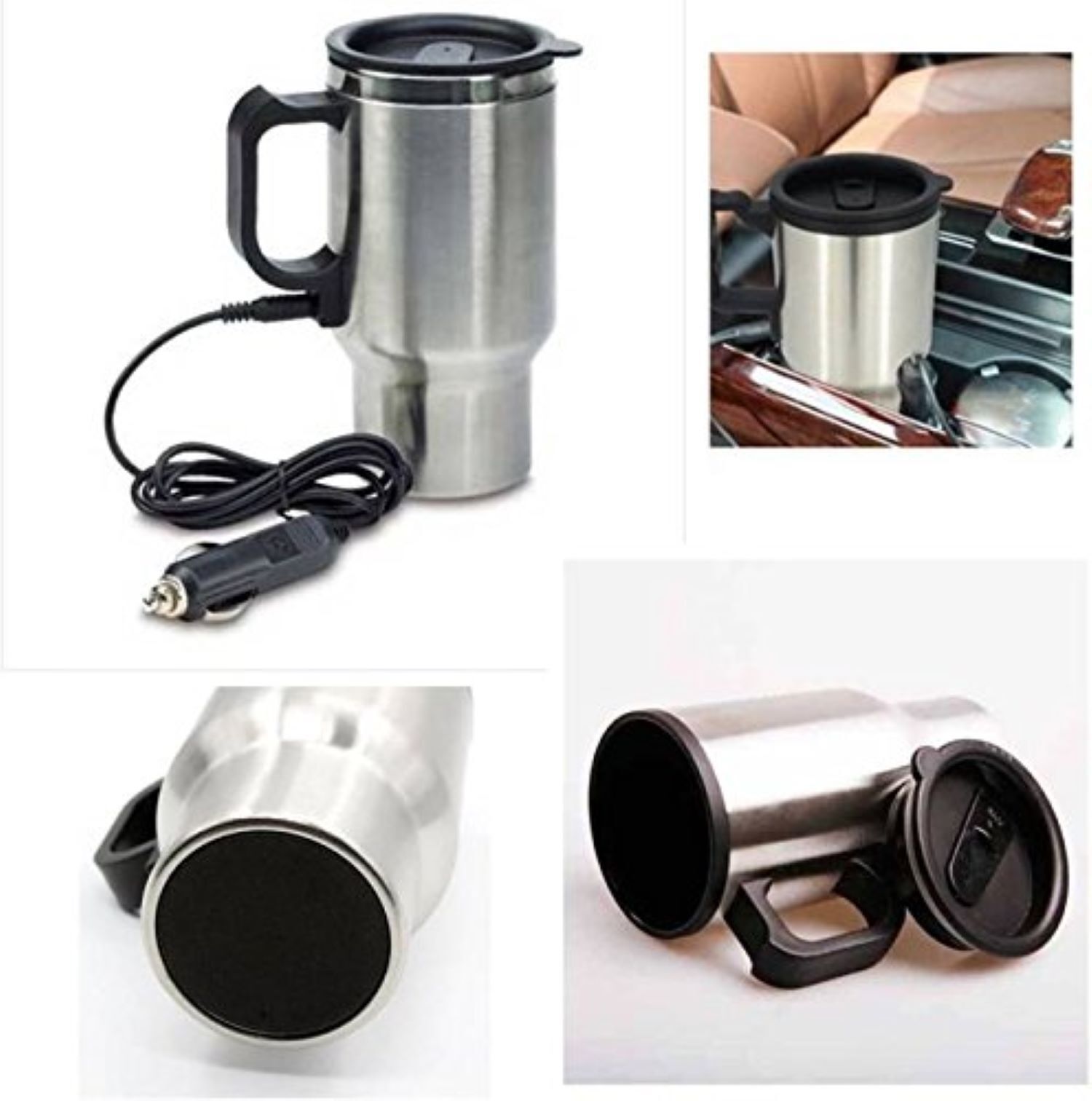 Car Coffee Mug - Stainless Steel, 16x9x9 Cm | 450 Ml Capacity, Plug Pin Car Adapter, Leak-proof, Easy Open Twist Top, Durable Design