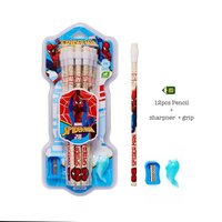 Kids Pencil - Wooden, Standard Size, Rectangular Shape | 12 Stylish Spiderman-themed Pencils With Grip And Sharpener For Kids