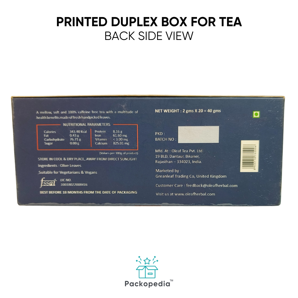Printed Duplex Box For Tea With Foiling - Duplex Paper, Rectangle Shape, Multicolour Finish | Spot Uv, Gloss Varnish, Matte Finish, Laminated Coating, Embossing