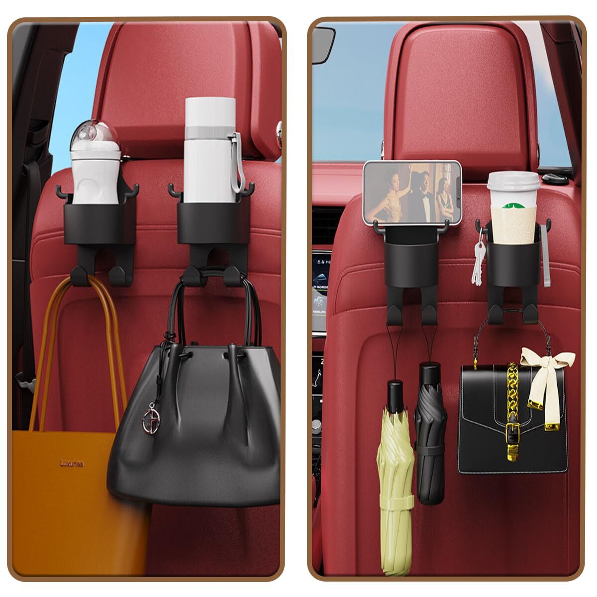 Car Seat Headrest Cup Holder With Hooks - High-quality Pp Material, 27.41 X 13.59 X 8.61 Cm | Multi-functional Dual-hook Design, Easy Installation, Replaceable Hook
