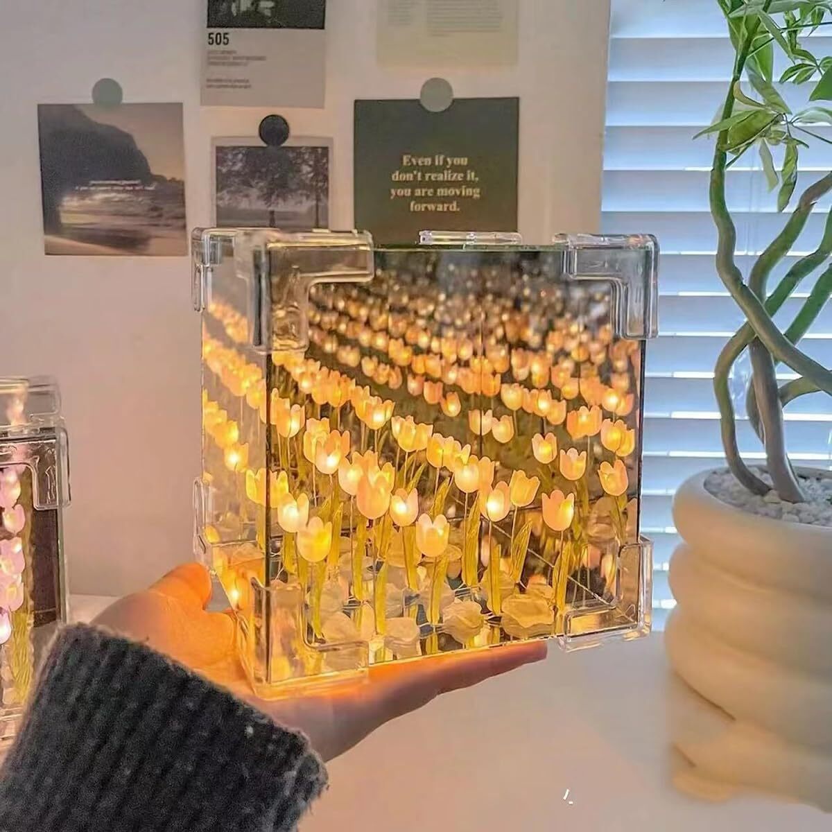 Cube Tulip Lamp - Acrylic, 12x12x12 Inches | Unique Personalized Lighting, 2-in-1 Tulip Flower Mirror, Diy Decorative Experience